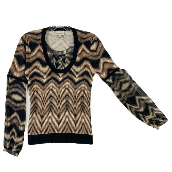 KAREN MILLEN Sweater Top Size 2 Silk Long Sleeve Cotton Chevron Knit Top Buttons